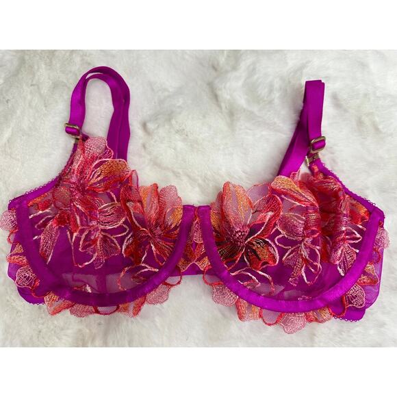Honey Birdette AURORA🌺 Fuchsia Pink Floral Lace Bra 32DD - Picture 2 of 5